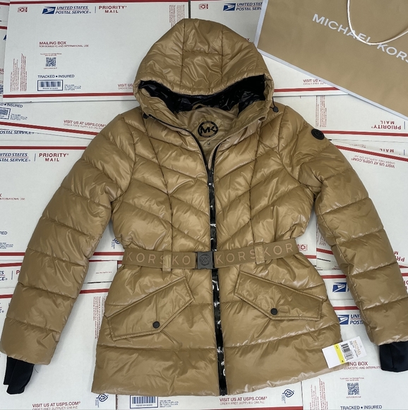 Michael Kors Jackets & Blazers - Michael Kors Dark Camel MK Puffer Jacket Belted Designer Coat S - 3X